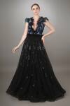Buy_Anjum Qureshi_Black Net Floral, Sequin Plunge V Neck Embroidered Gown _at_Aza_Fashions
