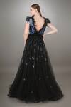 Shop_Anjum Qureshi_Black Net Floral, Sequin Plunge V Neck Embroidered Gown _at_Aza_Fashions