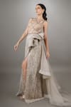 Anjum Qureshi_Beige Georgette Embellished Metallic Boat Dress _Online_at_Aza_Fashions