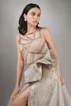 Buy_Anjum Qureshi_Beige Georgette Embellished Metallic Boat Dress _Online_at_Aza_Fashions