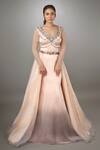 Buy_Anjum Qureshi_Peach Organza, Net, Satin Floral V Neck Embellished Gown _at_Aza_Fashions
