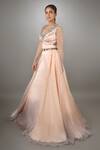 Anjum Qureshi_Peach Organza, Net, Satin Floral V Neck Embellished Gown _Online_at_Aza_Fashions
