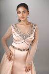 Buy_Anjum Qureshi_Peach Organza, Net, Satin Floral V Neck Embellished Gown _Online_at_Aza_Fashions