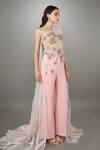Anjum Qureshi_Pink Georgette Embroidery Metallic Asymmetric Bodysuit And Pant Set _Online_at_Aza_Fashions