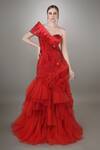 Buy Anjum Qureshi Red Satin, Net And Organza One Shoulder Self Embroidered Ruffle Mermaid Gown at Aza Fashions Buy_Anjum Qureshi_Red Satin, Net And Organza One Shoulder Self Embroidered Ruffle Mermaid Gown _at_Aza_Fashions