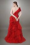 Shop Anjum Qureshi Red Satin, Net And Organza One Shoulder Self Embroidered Ruffle Mermaid Gown at Aza Fashions Shop_Anjum Qureshi_Red Satin, Net And Organza One Shoulder Self Embroidered Ruffle Mermaid Gown _at_Aza_Fashions
