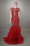 Buy_Anjum Qureshi_Red Net And Silk Embroidered Silver Metallic Work Round Fray Textured Mermaid Gown _at_Aza_Fashions