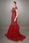 Anjum Qureshi_Red Net And Silk Embroidered Silver Metallic Work Round Fray Textured Mermaid Gown _Online_at_Aza_Fashions