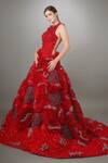 Anjum Qureshi_Red Georgette, Satin And Net 3d Appliques Round Ruffle Textured Ball Gown _Online_at_Aza_Fashions