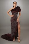 Buy_Anjum Qureshi_Wine Net And Organza Embroidered Self One Shoulder Sculpted Bodice Gown _at_Aza_Fashions