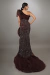 Shop_Anjum Qureshi_Wine Net And Organza Embroidered Self One Shoulder Sculpted Bodice Gown _at_Aza_Fashions