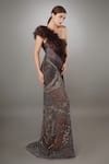 Anjum Qureshi_Wine Organza And Crepe Embroidered Floral One Shoulder Metallic Sheath Gown _Online_at_Aza_Fashions