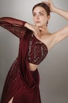 Buy_Anjum Qureshi_Wine Net And Satin Embroidered Abstract Floral Motifs One Draped Gown _Online_at_Aza_Fashions