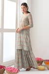Buy_Negra Elegante_Green Organza, Cotton Silk Digital Print, Mirror Work V Peony Kurta Sharara Set _Online_at_Aza_Fashions