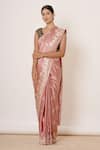 AHARIN INDIA_Pink Pure Satin Silk Banarasi Lining Cotton And Shantoon Woven Saree With Blouse _Online_at_Aza_Fashions