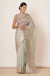 Buy_AHARIN INDIA_Blue Pure Banarasi Organza Silk Lining Cotton And Shantoon Saree With Blouse _at_Aza_Fashions