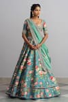 Buy_Anushree Reddy_Blue Raw Silk Dupatta Organza Embroidery Bebak Floral Print Bridal Lehenga Set_at_Aza_Fashions