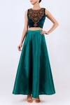 Buy_Aharin India_Green Velvet, Taffeta Round Embroidered Blouse And Lehenga Set _at_Aza_Fashions