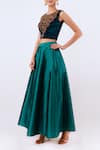 Aharin India_Green Velvet, Taffeta Round Embroidered Blouse And Lehenga Set _Online_at_Aza_Fashions