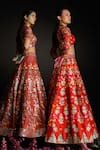 Buy_Ahanthem by Reena_Red Raw Silk Embroidery Sequin V Neck Floral Bridal Lehenga Set_Online_at_Aza_Fashions