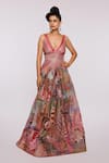 Buy_Aisha Rao_Pink Indian Organza Embroidered Divergence Plunge V Neck Print Gown  _at_Aza_Fashions