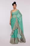 Buy_Aisha Rao_Green Indian Organza Embroidered Divergence Print Ruffle Saree Set  _at_Aza_Fashions