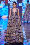 Buy_Aisha Rao_Blue Organza Sequin And Beads, Trencadis Farm Print V Neck Gown _at_Aza_Fashions