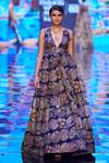 Buy_Aisha Rao_Blue Organza Sequin And Beads, Trencadis Farm Print V Neck Gown _Online_at_Aza_Fashions