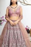 Jade by Monica and Karishma_Pink Tulle Embroidered Thread Work V Neck Floral Jaal Bridal Lehenga Set _Online_at_Aza_Fashions