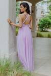 Shop_Pinup By Astha_Purple Flat Chiffon Plain V Neck Arya Ruched Cut-out Gown _at_Aza_Fashions