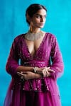 Buy_Angad Singh_Purple Peplum- Organza Embroidery Mirror And Thread V Neck Top Sharara Set _Online_at_Aza_Fashions