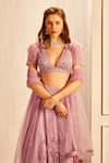 Asra_Purple Net Floral Motifs Plunge V Neck Embroidered Lehenga Set _Online_at_Aza_Fashions