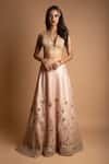 Buy_Asra_Beige Organza Embroidered Floral Motifs Plunge V Neck Lehenga And Choli Set _at_Aza_Fashions