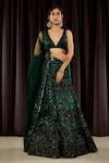 Buy_Asra_Green Net Embroidered Floral Motifs Plunge V Neck Hand Bridal Lehenga Set _at_Aza_Fashions