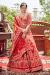 Buy_Asra_Red Raw Silk Bead Work, Sequins Round Floral Embroidered Bridal Lehenga Set _at_Aza_Fashions