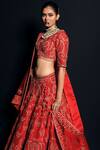 Shop_Asra_Red Raw Silk Bead Work, Sequins Round Floral Embroidered Bridal Lehenga Set _at_Aza_Fashions