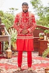 Buy_Asra_Red Raw Silk Embroidered Sequins Floral Sherwani Kurta Set _at_Aza_Fashions