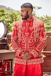 Shop_Asra_Red Raw Silk Embroidered Sequins Floral Sherwani Kurta Set _at_Aza_Fashions