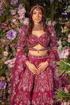 Asra_Pink Raw Silk Bead Work, Sequins Leaf Neck Embroidered Bridal Lehenga Set _Online_at_Aza_Fashions