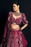 Buy_Asra_Pink Raw Silk Bead Work, Sequins Leaf Neck Embroidered Bridal Lehenga Set _Online_at_Aza_Fashions