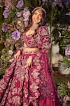 Shop_Asra_Pink Raw Silk Bead Work, Sequins Leaf Neck Embroidered Bridal Lehenga Set _Online_at_Aza_Fashions