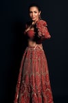 Shop_Asra_Orange Raw Silk Embroidered Bead Work Sweetheart Neck Jacket Lehenga Set _Online_at_Aza_Fashions