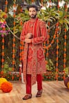 Buy_Asra_Orange Raw Silk Embroidered Sequins Sherwani Kurta Set _at_Aza_Fashions