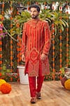 Asra_Orange Raw Silk Embroidered Sequins Sherwani Kurta Set _Online_at_Aza_Fashions