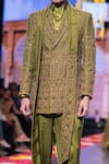 Shop_Asra_Green Raw Silk Embroidered Sequins Coat Style Sherwani Kurta Set _at_Aza_Fashions