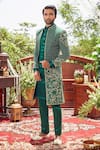 Asra_Green Raw Silk Embroidered Sequins Paisley Sherwani Kurta Set _Online_at_Aza_Fashions