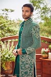 Buy_Asra_Green Raw Silk Embroidered Sequins Paisley Sherwani Kurta Set _Online_at_Aza_Fashions