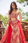 Asra_Red Raw Silk Bead Work, Sequins Embroidered Strapless Choli Lehenga Set _Online_at_Aza_Fashions