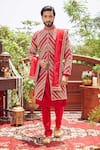 Buy_Asra_Red Raw Silk Embroidered Sequins Geometric Sherwani Kurta Set _at_Aza_Fashions