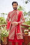 Shop_Asra_Red Raw Silk Embroidered Sequins Geometric Sherwani Kurta Set _at_Aza_Fashions